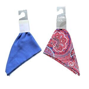 2Pk Men's Silk Handkerchief Pocket Square Red and Blue Paisley & Tri-color Blue